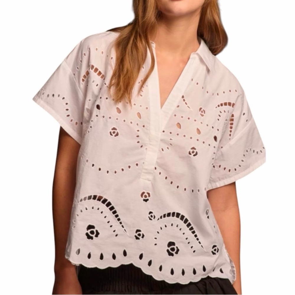 Anthropologie Maeve Boxy Eyelet Popover Blouse | M | White Short Sleeves